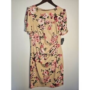 [Romantic] Stella & Julie Floral Sheath Dress Womens 14 Tan Pink Ruched Button